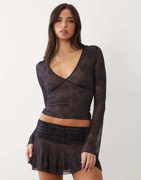 I.AM.GIA - Yvette - Top a maniche lunghe in pizzo blu navy con scollo a V e motivo a farfalle con logo in coordinato - view 1