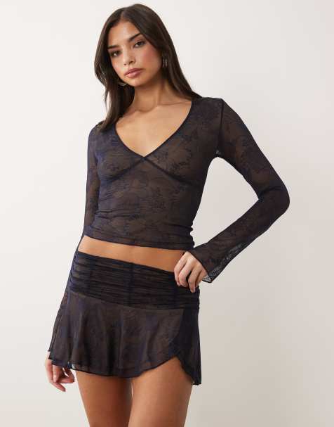 I.AM.GIA Yvette v neck butterfly pattern lace logo flare sleeve top and mini skirt co-ord in navy - view 1