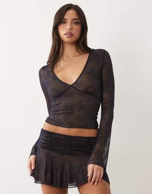 I.am.gia Yvette V-neck Butterfly Pattern Lace Logo Flare Sleeve Top In Blue