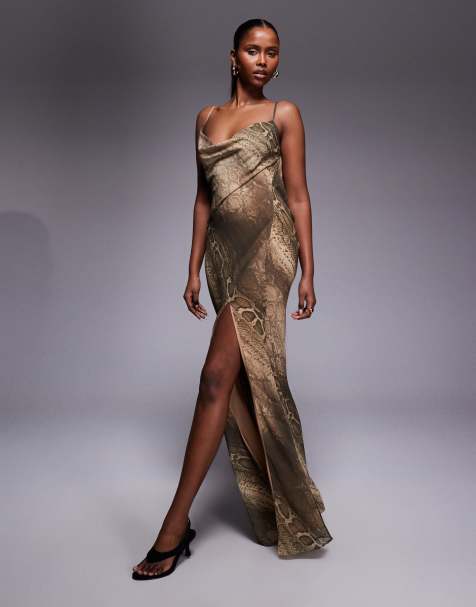 I.AM.GIA Zeta georgette chiffon tie back cowl detail thigh split maxi dress in brown snake