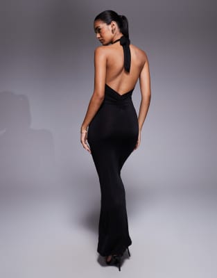 I.am.gia Ziva Halterneck Plunge Low Back Tie Waist Maxi Dress In Black