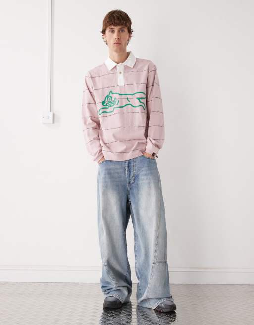 Ice Cream barbed wire running dog rugby polo shirt in light pink