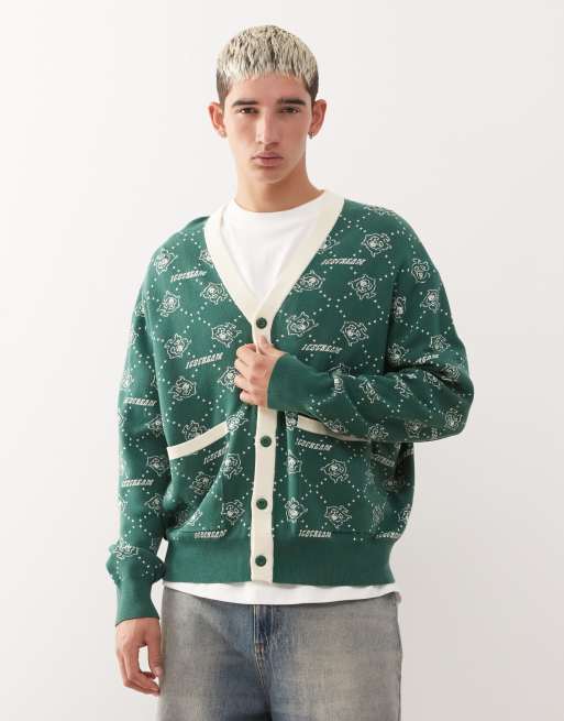 Ice Cream monogram knitted cardigan in green and white