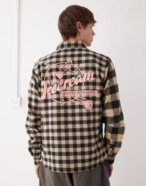 Ice Cream multi check long sleeve shirt in beige and black with back print - view 1