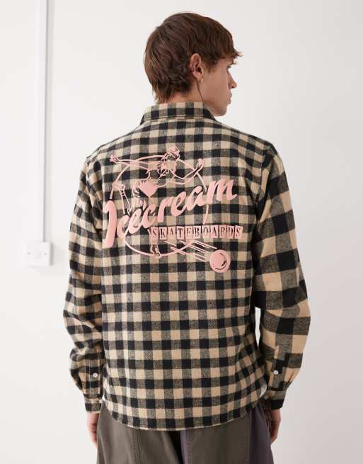 Ice Cream multi check long sleeve shirt in beige and black with back print