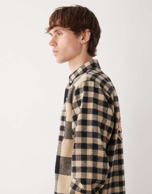 Ice Cream multi plaid long sleeve shirt in beige and black with back print, 4 of 5