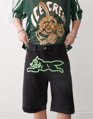 Icecream Ice Cream Running Dog Denim Shorts In Black
