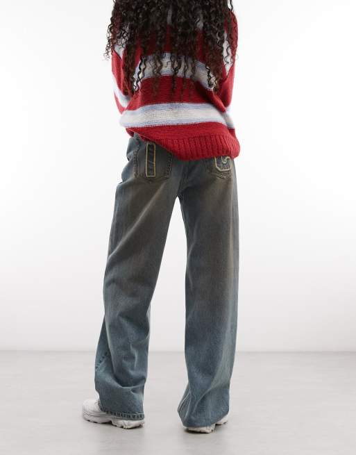 ICECREAM applique running dog baggy denim jeans in dirty wash blue, 3 of 5