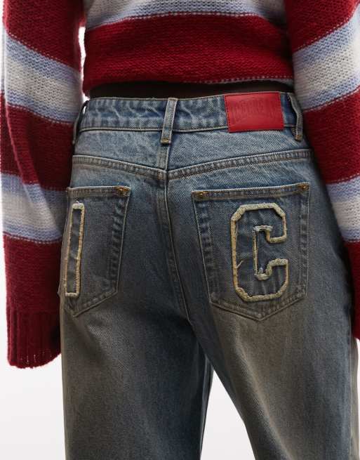 ICECREAM applique running dog baggy denim jeans in dirty wash blue, 4 of 5