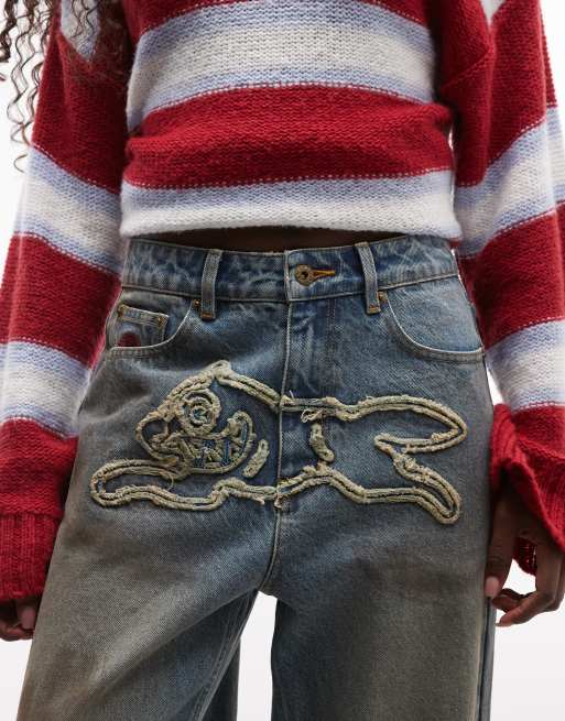 ICECREAM applique running dog baggy denim jeans in dirty wash blue, 5 of 5