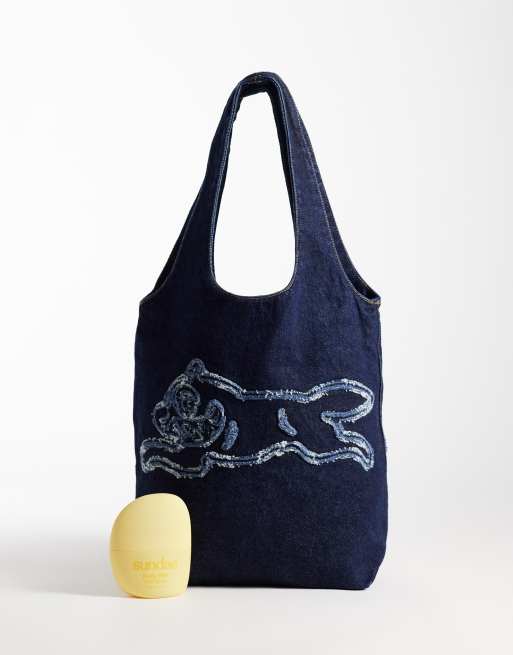 ICECREAM applique running dog logo denim tote bag in indigo blue, 2 of 4