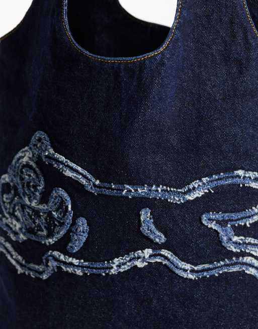 ICECREAM applique running dog logo denim tote bag in indigo blue, 3 of 4