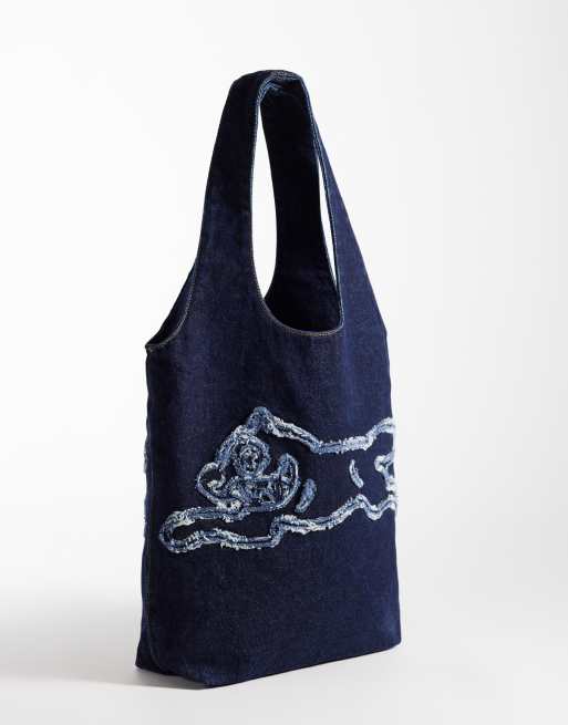 ICECREAM applique running dog logo denim tote bag in indigo blue, 4 of 4
