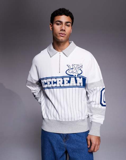 ICECREAM logo quarter zip long sleeve knit polo in white