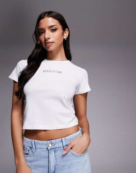 ICECREAM – Biały, krótki i przylegający T-shirt z logo ze strasów - view 1