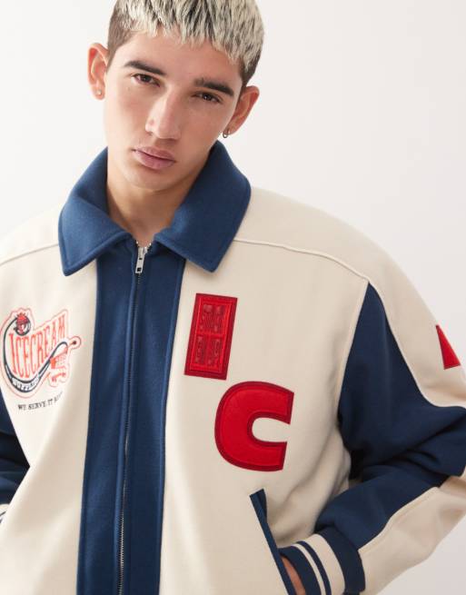 ICECREAM checkout varsity jacket in white and blue