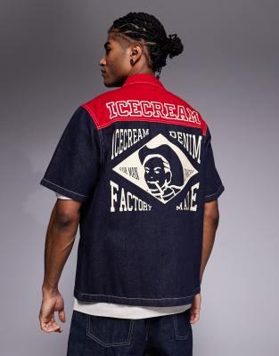 ICECREAM - Chemise style ouvrier en jean à manches courtes et inscription Factory Made - Indigo et rouge-Bleu