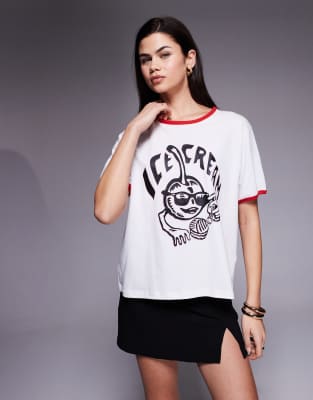 Icecream Cherry Print Ringer T-shirt In White