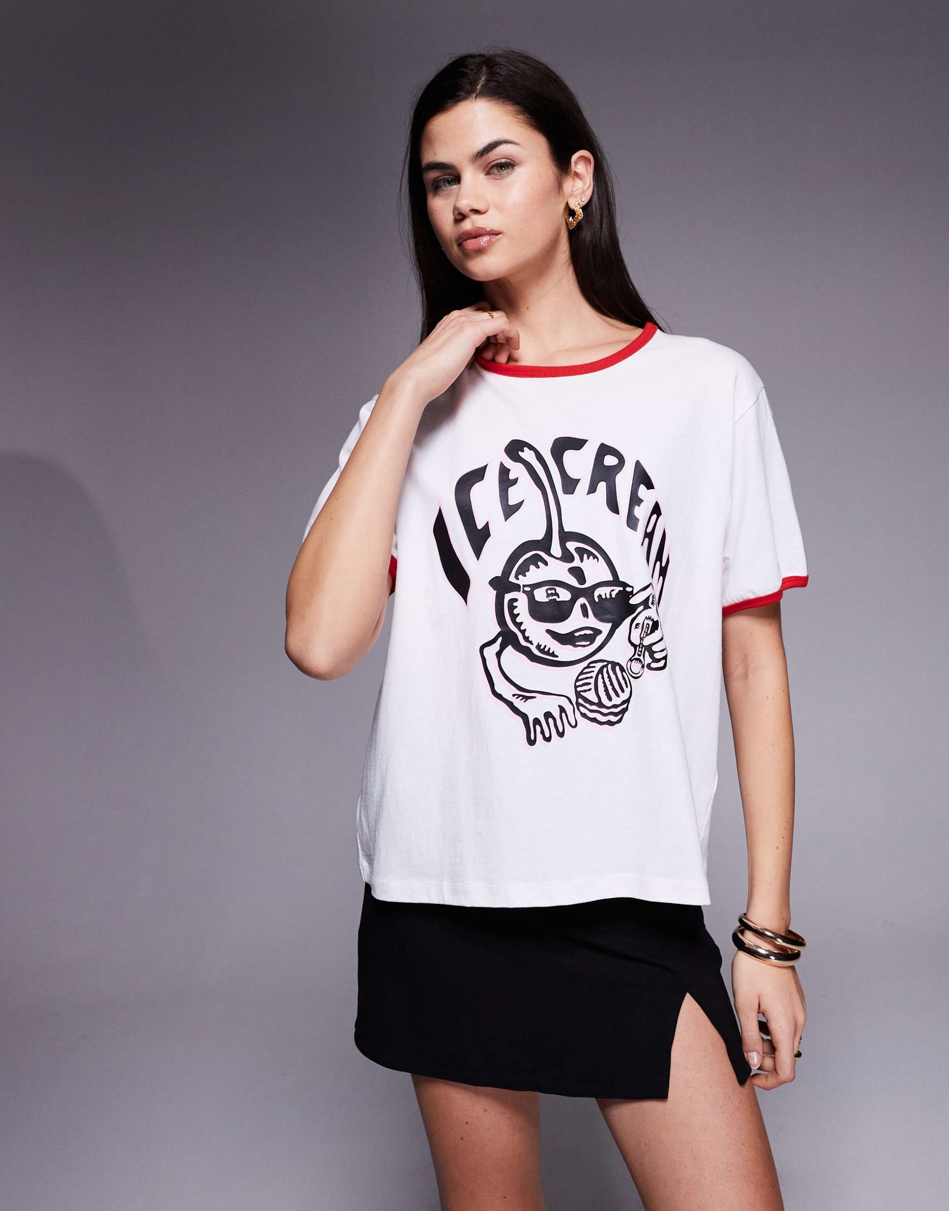 icecream cherry print ringer t-shirt in white
