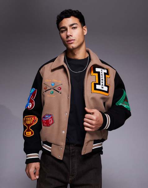 ICECREAM – College-Jacke in Taupe mit kontrastierenden Ärmeln in Schwarz und Trick-Logo - view 1