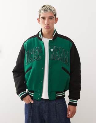 ICECREAM ICECREAM college varsity bomber jacket in green and black-Multi