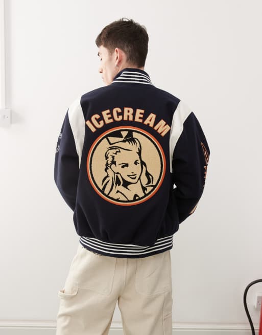 ICECREAM – Collegiate – Marinblå collegejacka i grovt material med påsydda märken, 4 av 4