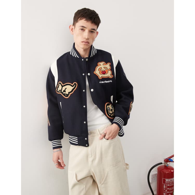 ICECREAM collegiate patch heavyweight varsity jacket in navy | ASOS