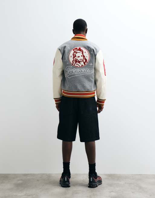 ICECREAM collegiate varsity jacket in grey and white, 2 of 5
