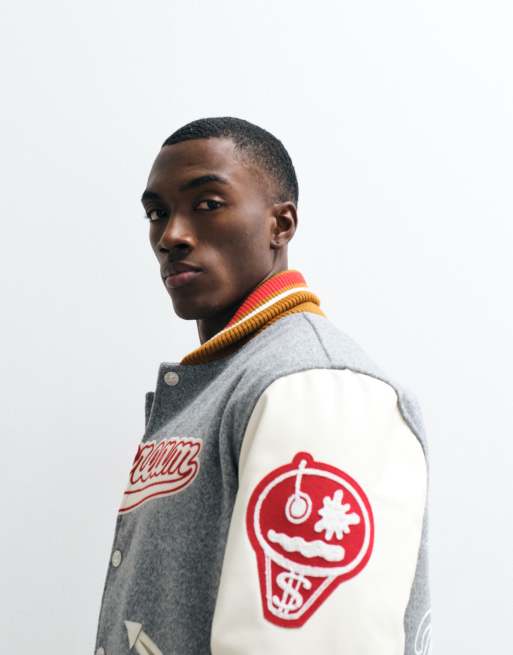 ICECREAM collegiate varsity jacket in grey and white, 3 of 5