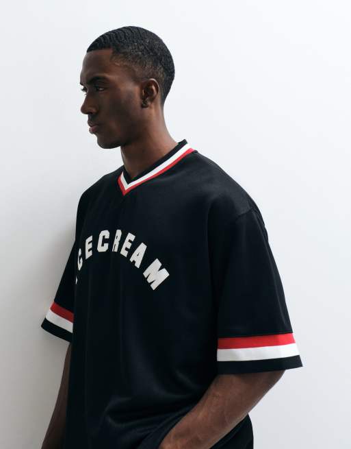 ICECREAM colleigate v-neck t-shirt with logo print in black, 4 of 5