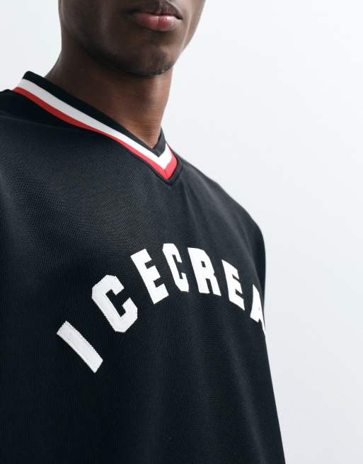 ICECREAM colleigate v-neck t-shirt with logo print in black, 5 of 5
