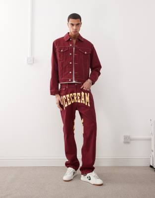 ICECREAM ICECREAM denim straight leg jeans with back print logo co-ord in burgundy-Red