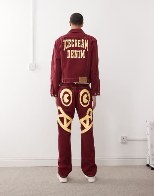 ICECREAM denim straight leg jeans with back print logo in burgundy - part of a set
