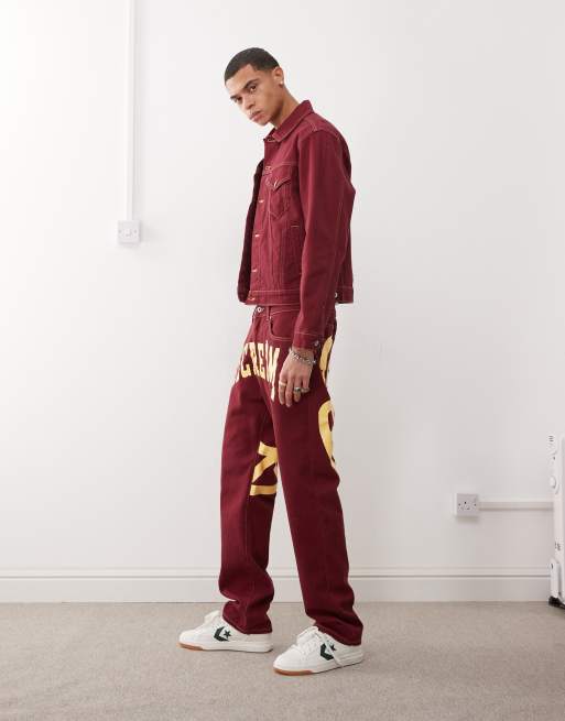 ICECREAM denim straight leg jeans with back print logo in burgundy - part of a set