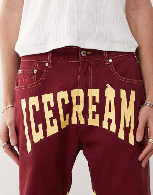 ICECREAM denim straight leg jeans with back print logo in burgundy - part of a set