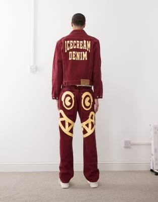 ICECREAM denim trucker jacket with back print co-ord in burgundy - view 1