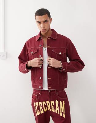 ICECREAM ICECREAM denim trucker jacket with back print co-ord in burgundy-Red