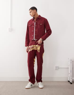 ICECREAM denim trucker jacket with back print in burgundy - part of a set