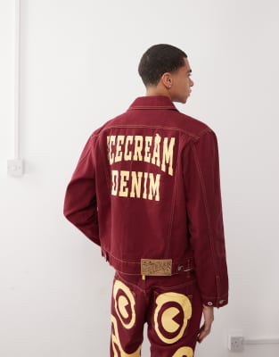 ICECREAM denim trucker jacket with back print in burgundy - part of a set