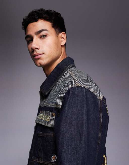 ICECREAM - Denim truckerjack met contrasterend hickory-paneel in indigo, 4 van 5