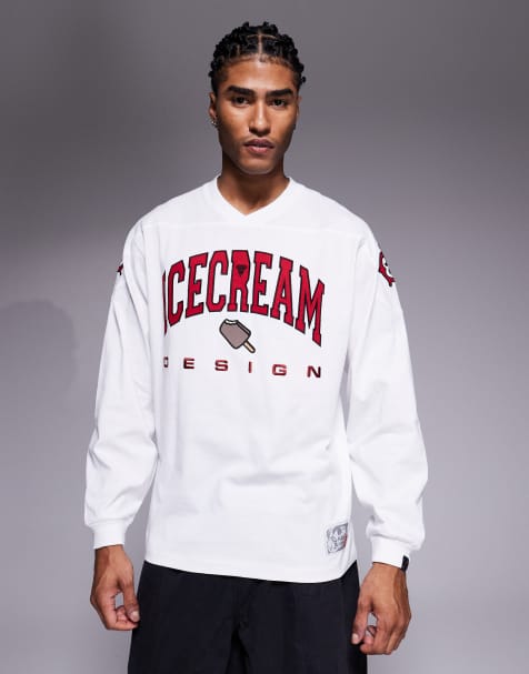 ICECREAM design long sleeve v neck jersey in white with logo applique