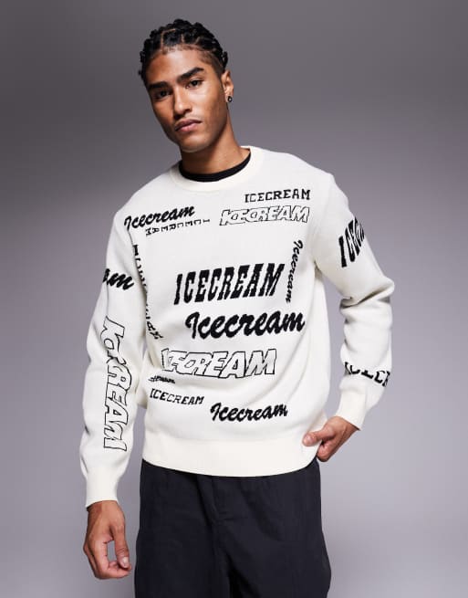 ICECREAM – Dzianinowa bluza w kolorze złamanej bieli z motywami logo