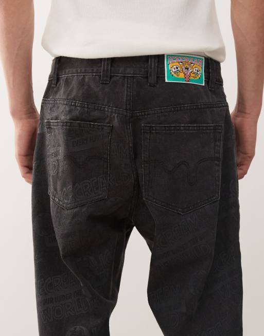ICECREAM every flavour denim double scoop straight leg jeans in black with tonal print, 4 of 5