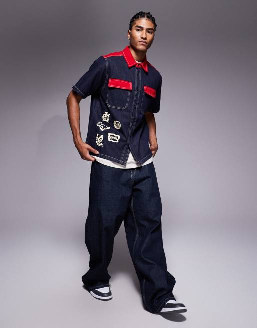 ICECREAM factory made short sleeve worker shirt in indigo and red denim, 2 of 5