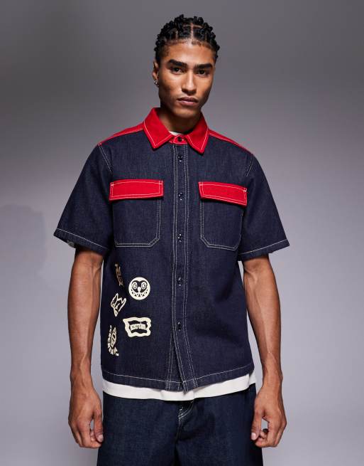 ICECREAM factory made short sleeve worker shirt in indigo and red denim, 3 of 5