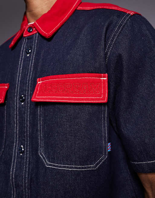ICECREAM factory made short sleeve worker shirt in indigo and red denim, 5 of 5