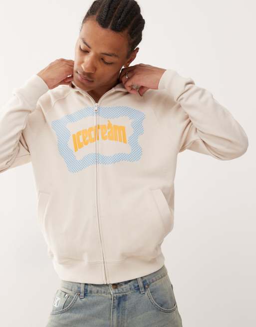 ICECREAM - Felpa con cappuccio bianco sporco con logo colorblock e zip