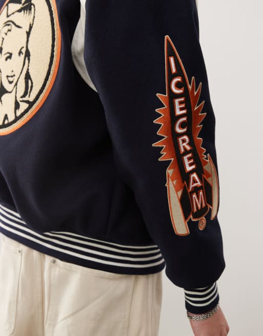 ICECREAM - Giacca stile college pesante blu navy con applicazioni, 3 di 4