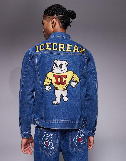 ICECREAM - Giacca trucker di jeans con mascotte blu lavaggio medio con toppe multiple applicate in coordinato, 3 di 5