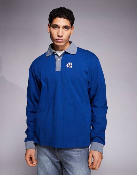 ICECREAM pinstripe long sleeve polo with contrast collar in navy